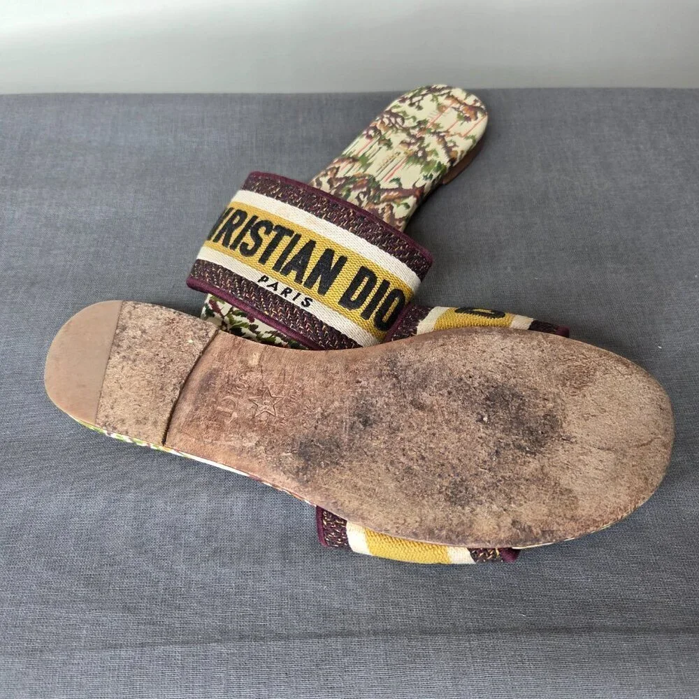 Dior Multicolor Canvas Logo Slide Sandals with Yellow Stripe